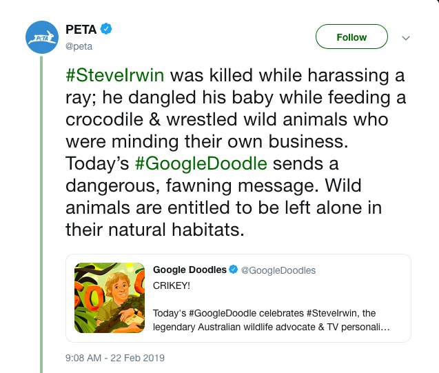 A declaração da organização PETA com críticas às posturas do apresentador de TV Steve Irwing (1962-2006) (Foto: Twitter)