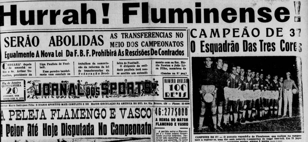 Imprensa destaca o bicampeonato carioca do Fluminense em 1937  Foto: Reproduo / Jornal dos Sports