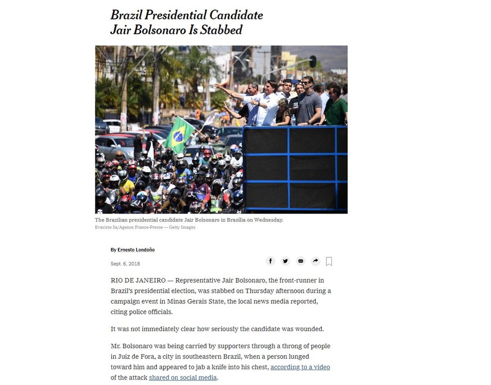 Facada em Bolsonaro foi notiicada pelo 'New York Times' (Foto: Reprodução/New York Times)