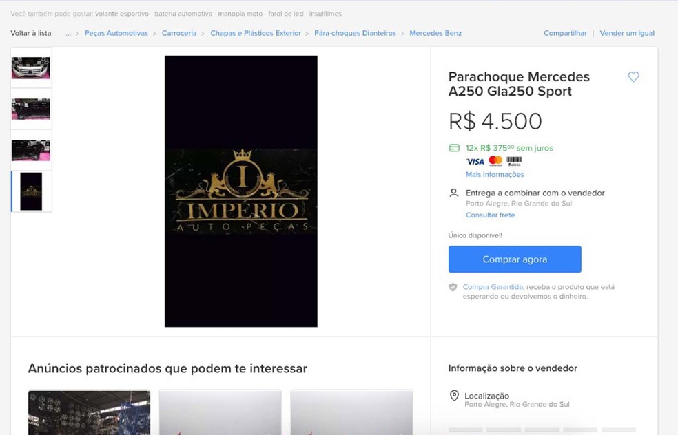 Anúncio por meio do qual peças eram vendidas pela Internet — Foto: Reprodução/RBS TV