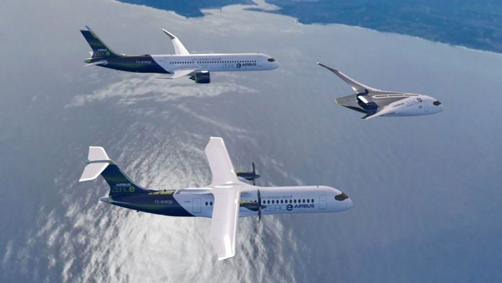 A Airbus está explorando o uso de hidrogênio como combustível em seu projeto ZEROe — Foto: Airbus via BBC