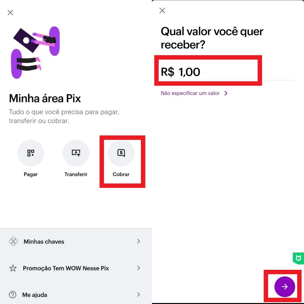 Acesse a aba "Pix" e toque sobre "Cobrar" para efetuar uma cobrança — Foto: Reprodução/Clara Fabro