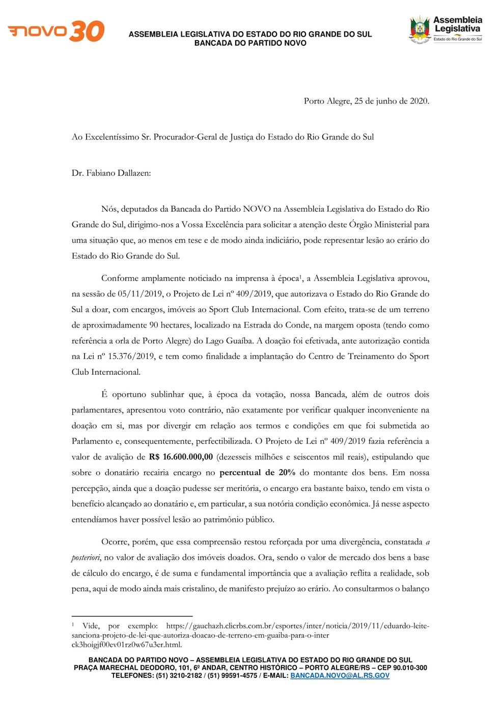 Página 1 do ofício do Partido Novo encaminhado ao MPRS — Foto: Arquivo pessoal