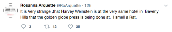 A mensagem na qual a atriz Rosanna Arquette diz que o produtor Harvey Weinstein foi visto em um hotel de Hollywood (Foto: Twitter)