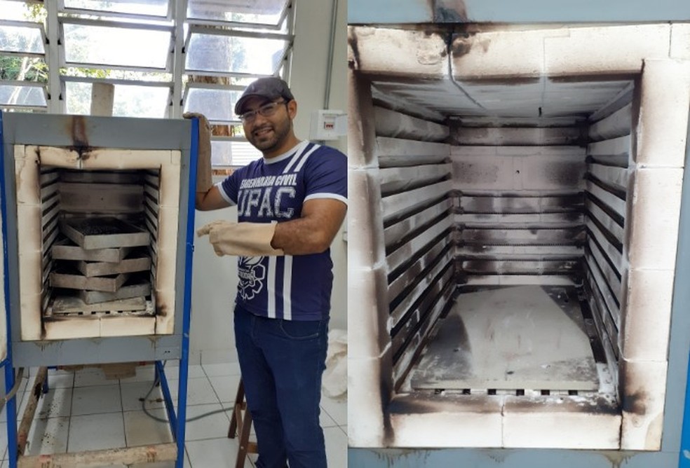 Engenheiro civil recém formado Maurício da Silva Souza, de 25 anos, ao lado do forno para carbonização — Foto: Reprodução