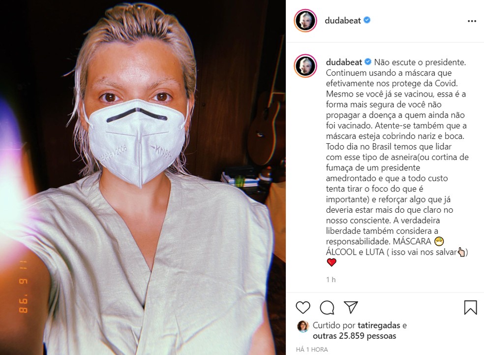 Duda Beat pediu, em post, que as pessoas continuem usando máscaras como forma de prevenir o Covid-19 — Foto: Reprodução/Instagram/Duda Beat