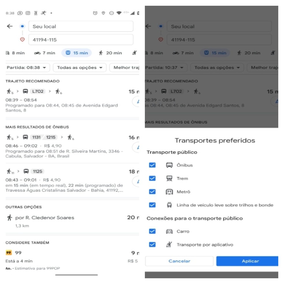É possível selecionar os tipos de transportes preferidos no Google Maps — Foto: Gisele Souza/TechTudo