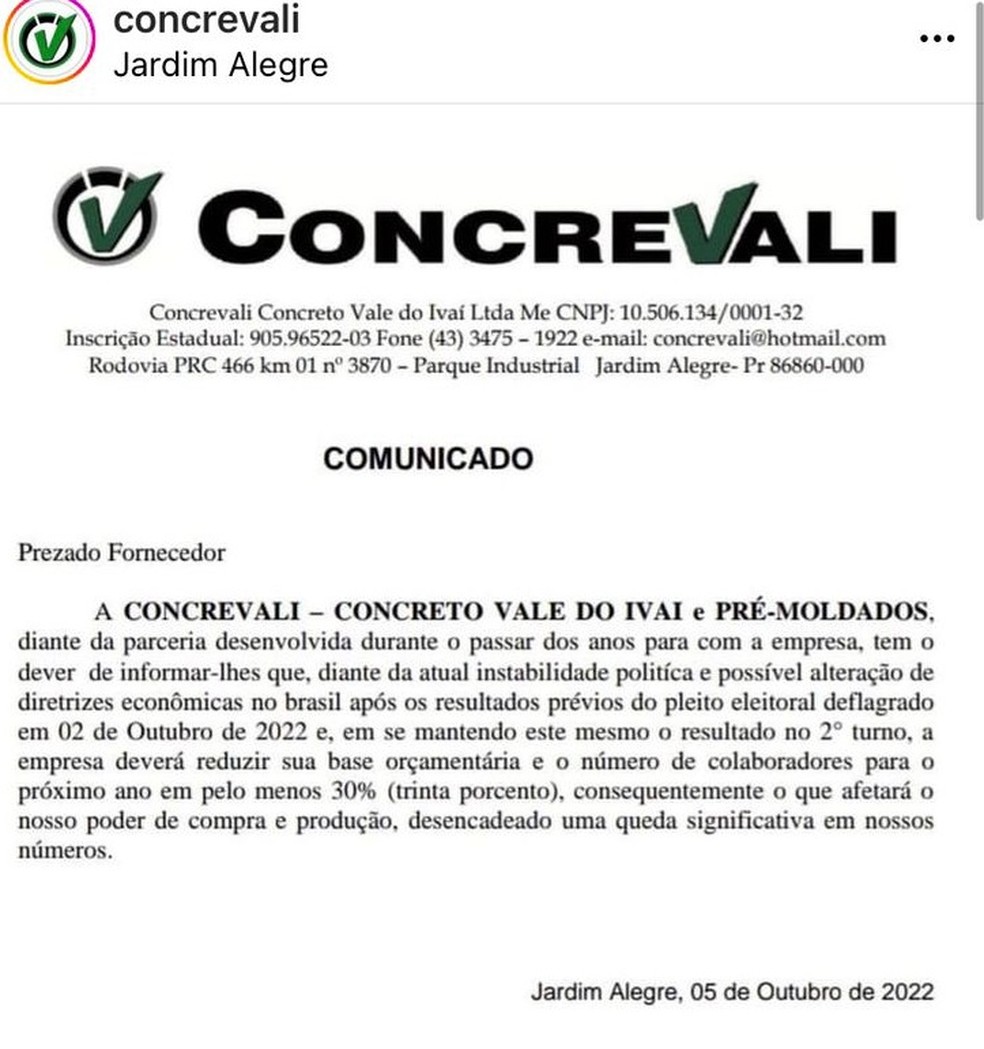 Empresa apagou publicação e disse se tratar de comunicado interno  — Foto: Reprodução