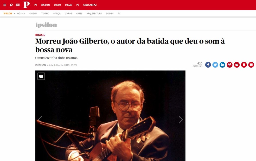 Notícia da morte de João Gilberto no 'Publico' — Foto: Reprodução/Publico