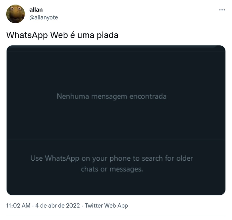 Histórico de mensagens não aparece na versão web do WhatsApp, dizem usuários — Foto: Reprodução / Twitter