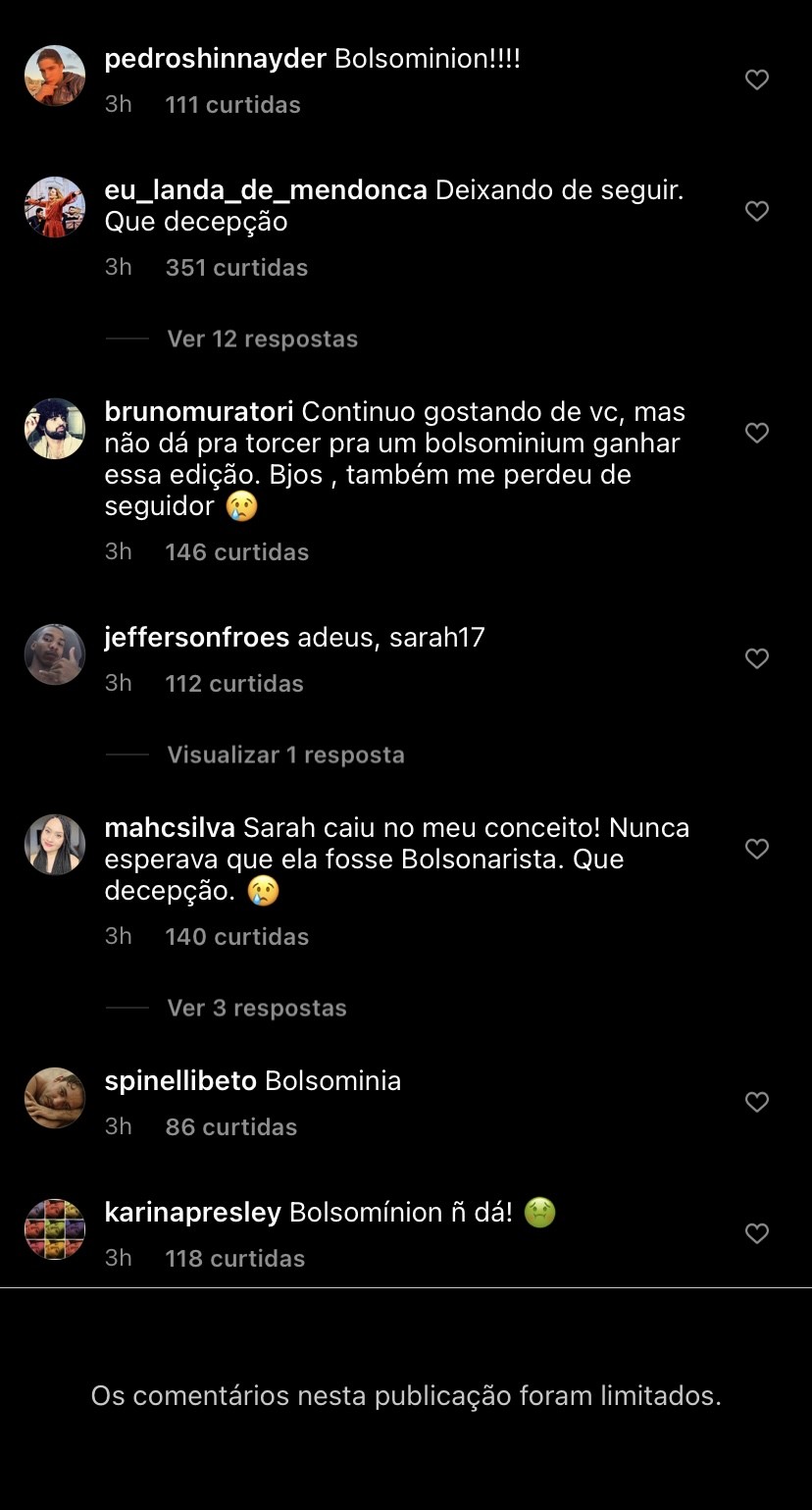 BBB21: Apoio de Sarah a Bolsonaro entra para os assuntos mais comentados do Twitter (Foto: Instagram)