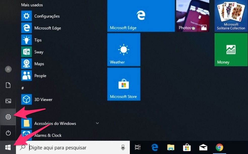 Ação para acessar as configurações do Windows 10 — Foto: Reprodução/Marvin Costa