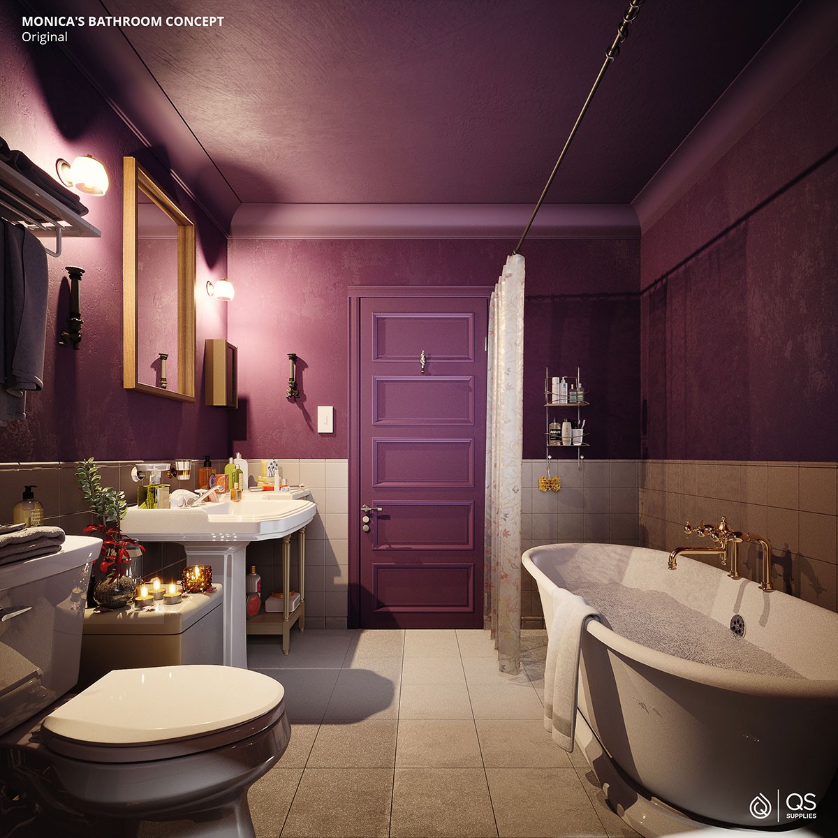 Reprodução do banheiro original do apartamento roxo (Foto: QS Supplies / Divulgação)