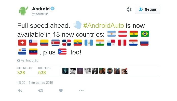 Anúncio sobre expansão do Android Auto foi feita via Twitter (Foto: Reprodução/Teitter)