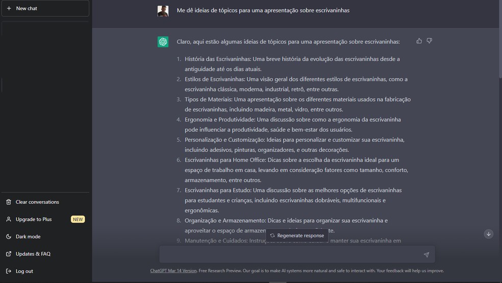 Ideias fornecidas pelo ChatGPT para uma apresentação — Foto: Reprodução/Gabriel Pereira