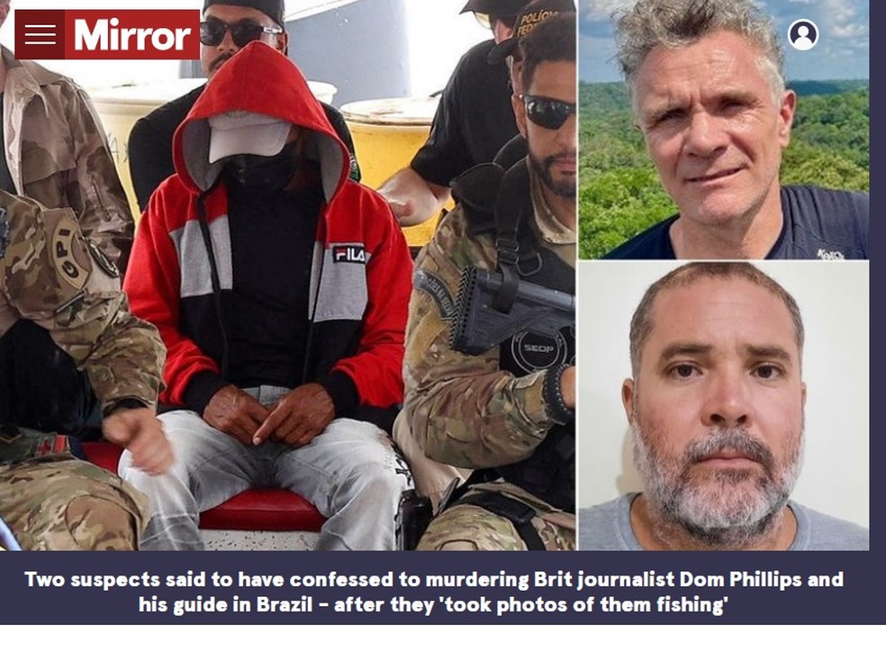 Manchete do The Mirror traz a notícia da confissão dos assassinatos de Bruno Pereira e Dom Phillips — Foto: Reprodução