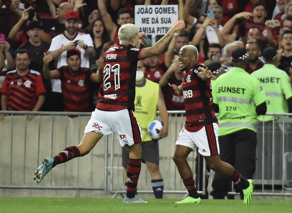 Marinho comemora seu gol com Pedro em Flamengo x Vélez — Foto: André Durão / ge