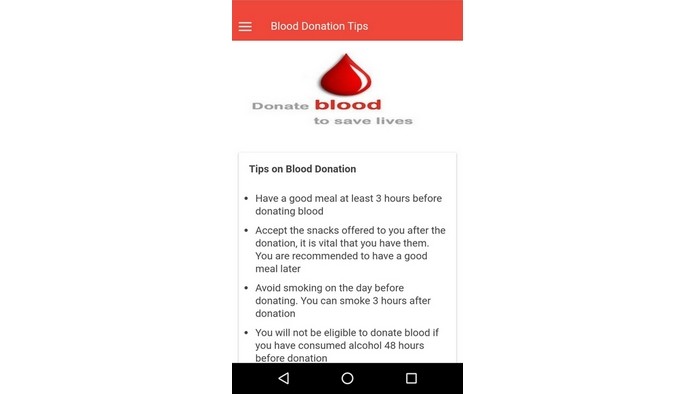 Tela de dicas para doação de sangue (Foto: Reprodução/Raquel Freire)