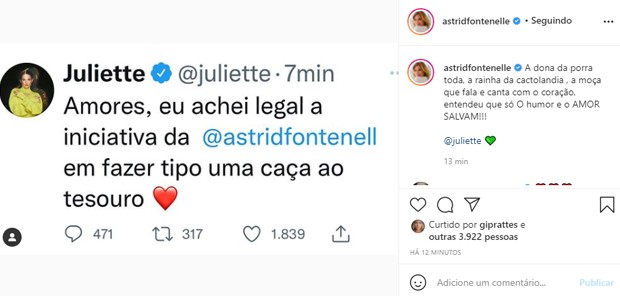 Astrid Fontenelle responde mensagem carinhosa de Juliette (Foto: Reprodução/Instagram)