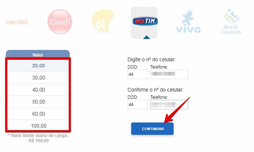 Escolha o valor e digite o seu número (Foto: Reprodução/Helito Bijora)