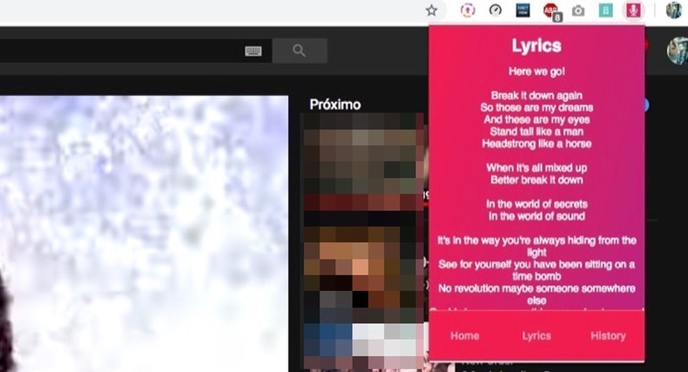 Letra de uma música reconhecida pela extensão AudD Music Recognition para Chrome — Foto: Reprodução/Marvin Costa