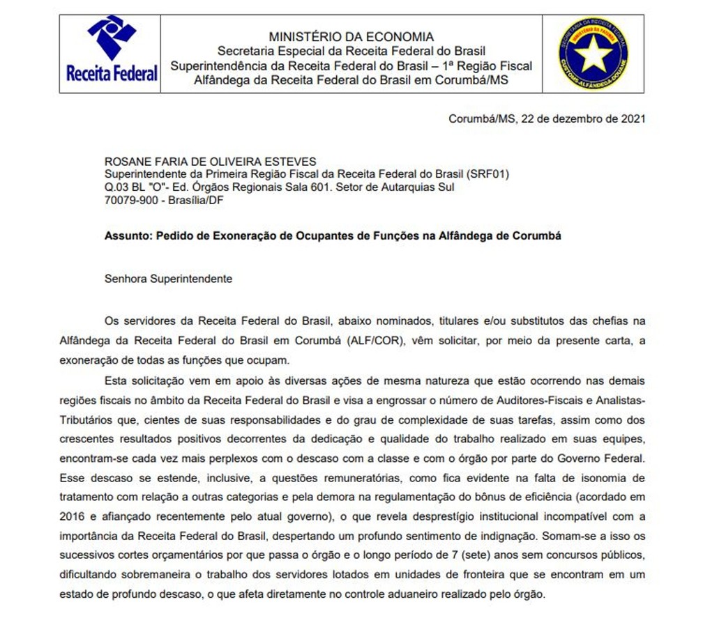 Carta de exoneração encaminhada pelas chefias da alfândega da Receita em Corumbá a superintendência do órgão — Foto: Reprodução/g1 MS