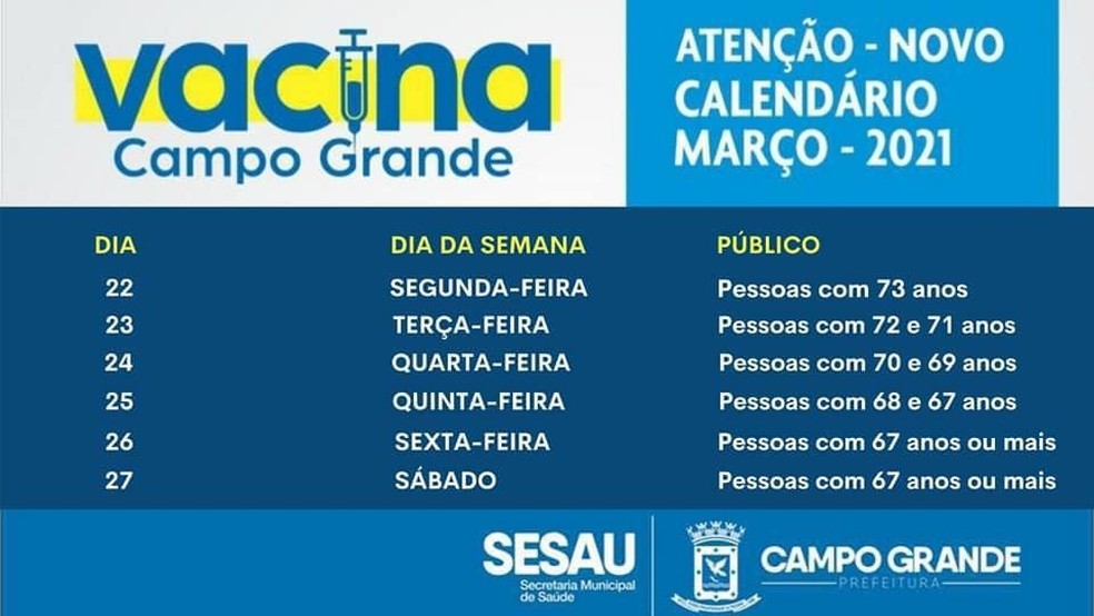 Novo calendário de vacinação em Campo Grande (MS) para a semana entre 22 e 27 de março — Foto: SESAU/Divulgação