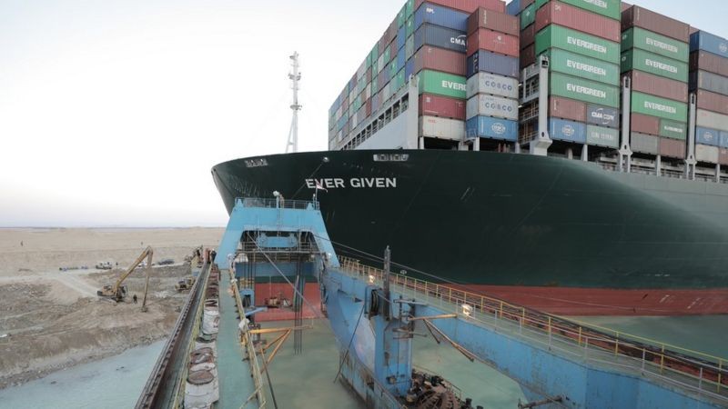 Notícia da liberação parcial da embarcação ampliou otimismo de que operações sejam retomadas em breve no canal e levou a queda do preço do petróleo bruto (Foto: EPA via BBC)