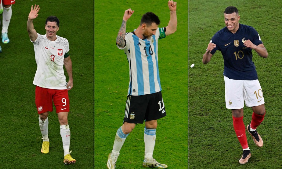 Um, dois e três gols: Lewandowski, Messi e Mbappé já marcaram por suas seleções na Copa