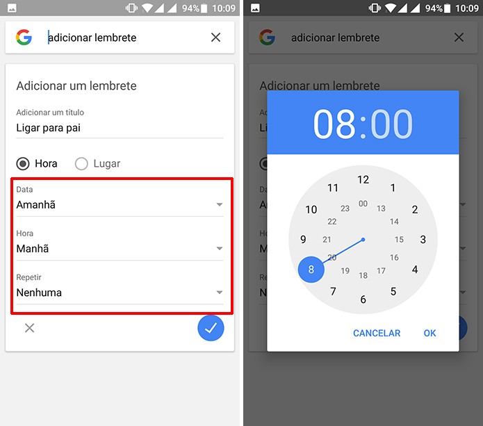 Usuário pode definir lembrete no app do Google de acordo com o dia e horário (Foto: Reprodução/Elson de Souza)