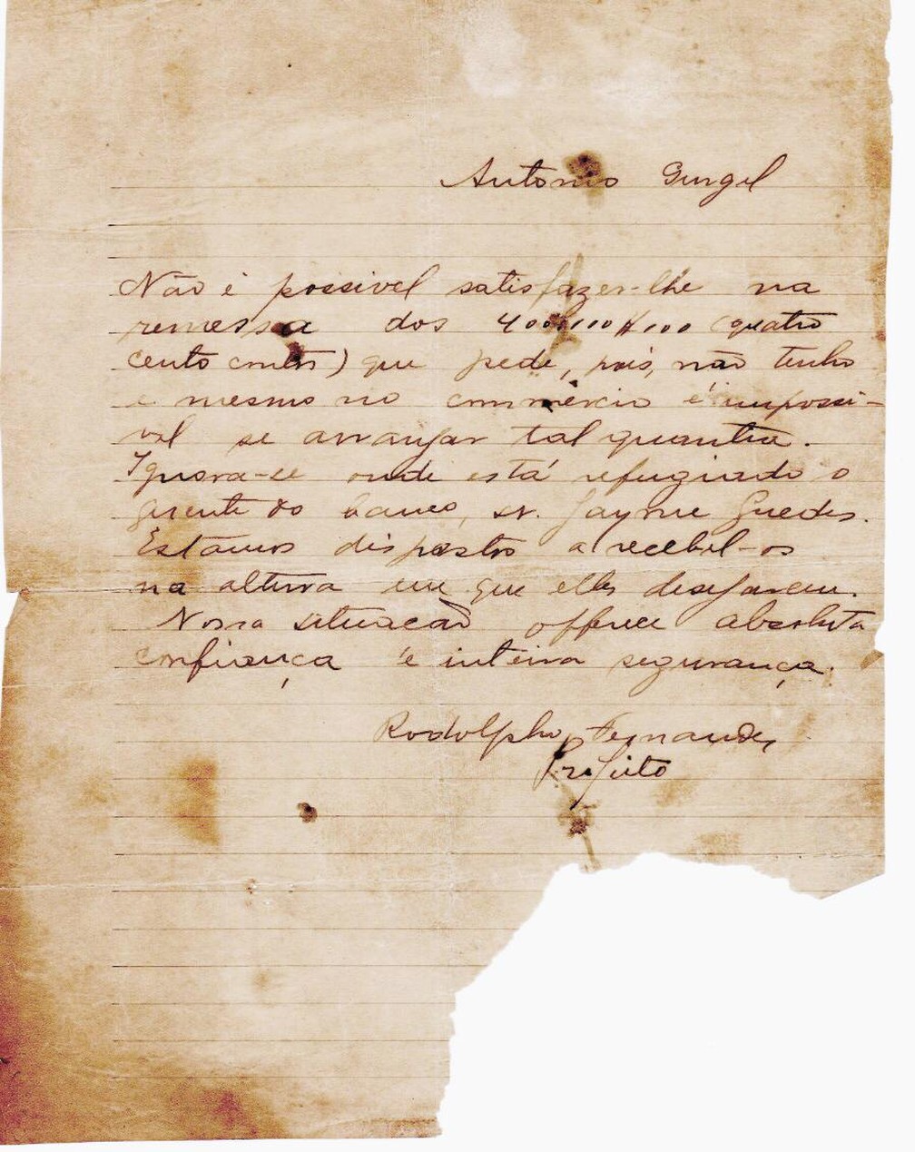 Carta escrita a mão pelo prefeito de Mossoró e enviada a refém de Lampião — Foto: Cedida