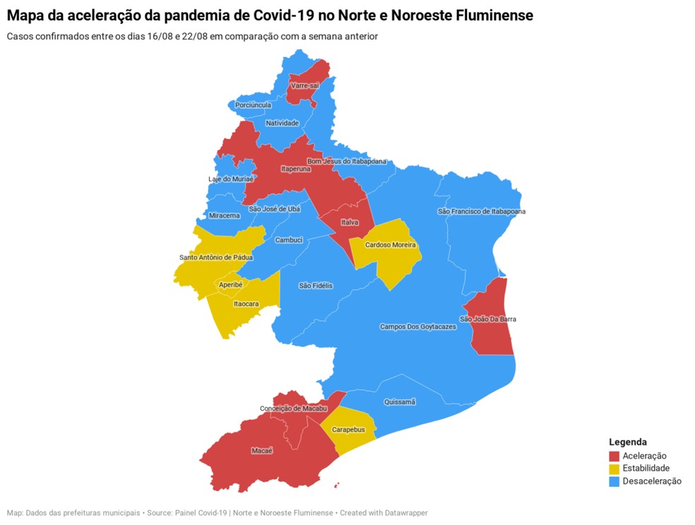 Mapa mostra aceleração da pandemia em cidades do Norte e Noroeste Fluminense, no RJ — Foto: Divulgação/Painel Covid-19 Norte e Noroeste Fluminense