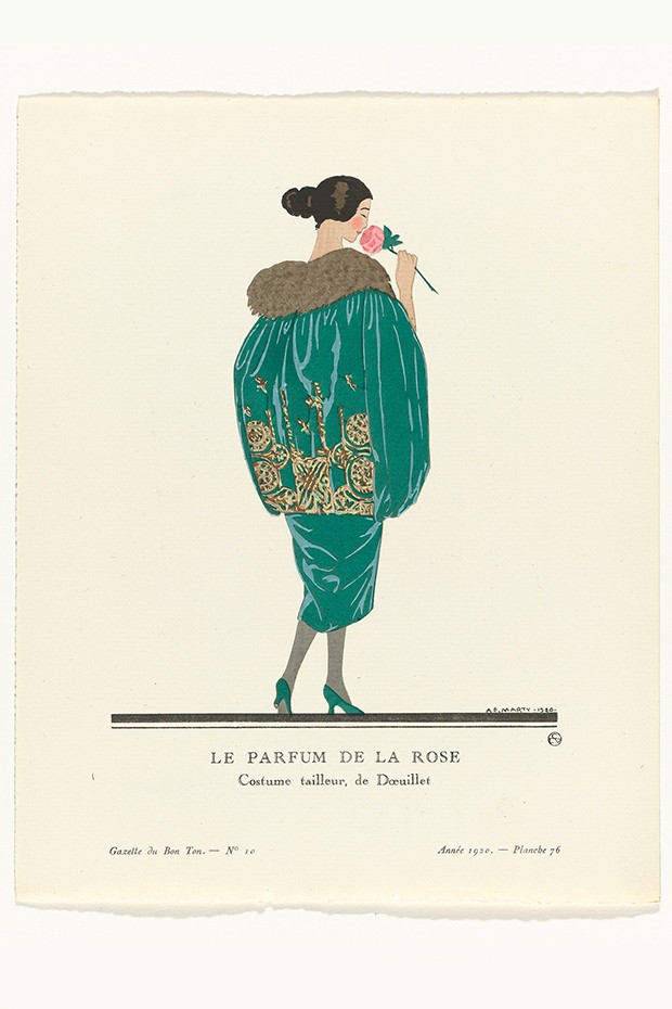 Woman dressed in a green velvet evening suit, with golden embroidery and fur collar, by couturier Doeuillet, Gazette du Bon Ton, 1920 (Foto: Rijksmuseum)