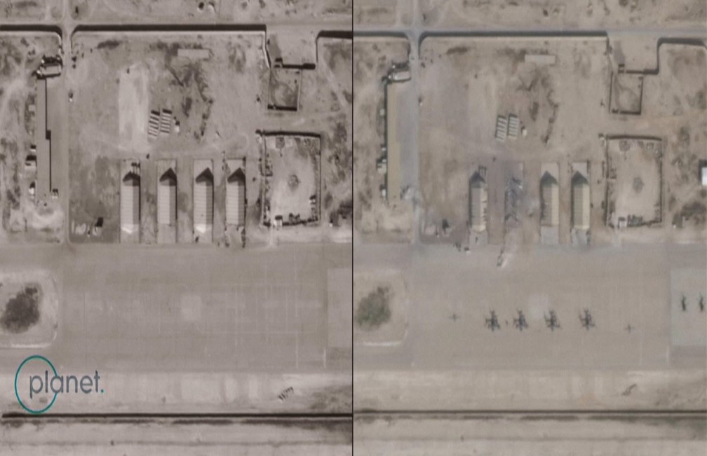 Imagens de satélite mostram antes e depois de ataque iraniano à base aérea de Ain Al-Asad, no Iraque — Foto: Reuters