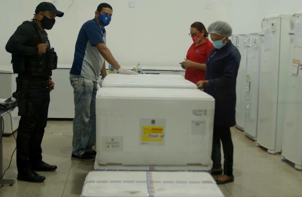 Carregamento com 78 mil doses de vacina da Covid-19 chegam ao Amapá — Foto: Secom/GEA