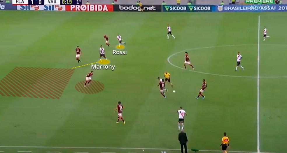 Rodrigo Caio saindo da linha o tempo todo — Foto: Leonardo Miranda