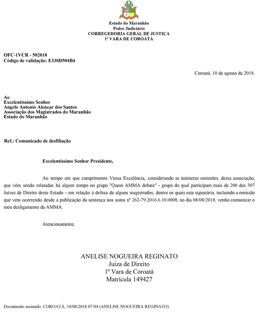 Juíza Anelise Nogueira Reginato comunica por meio de nota seu desligamento da AMMA (Foto: Divulgação/Corregedoria Geral de Justiça)