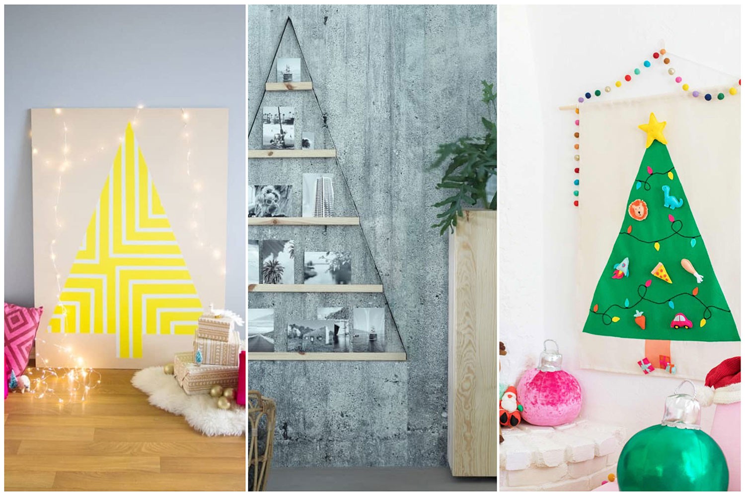 Árvores na parede: peças de decoração que lembram pinheiros de Natal, mas que são fixadas. (Foto: Lovely Indeed / Divulgação; IKEA / Divulgação; Studio DIY / Divulgação | Montagem: Casa e Jardim)