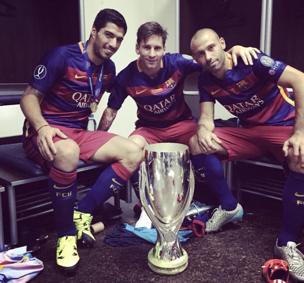 Mascherano ao lado de Messi e Luis Suárez, companheiros e amigos dos tempos de Barcelona  — Foto: Instagram 