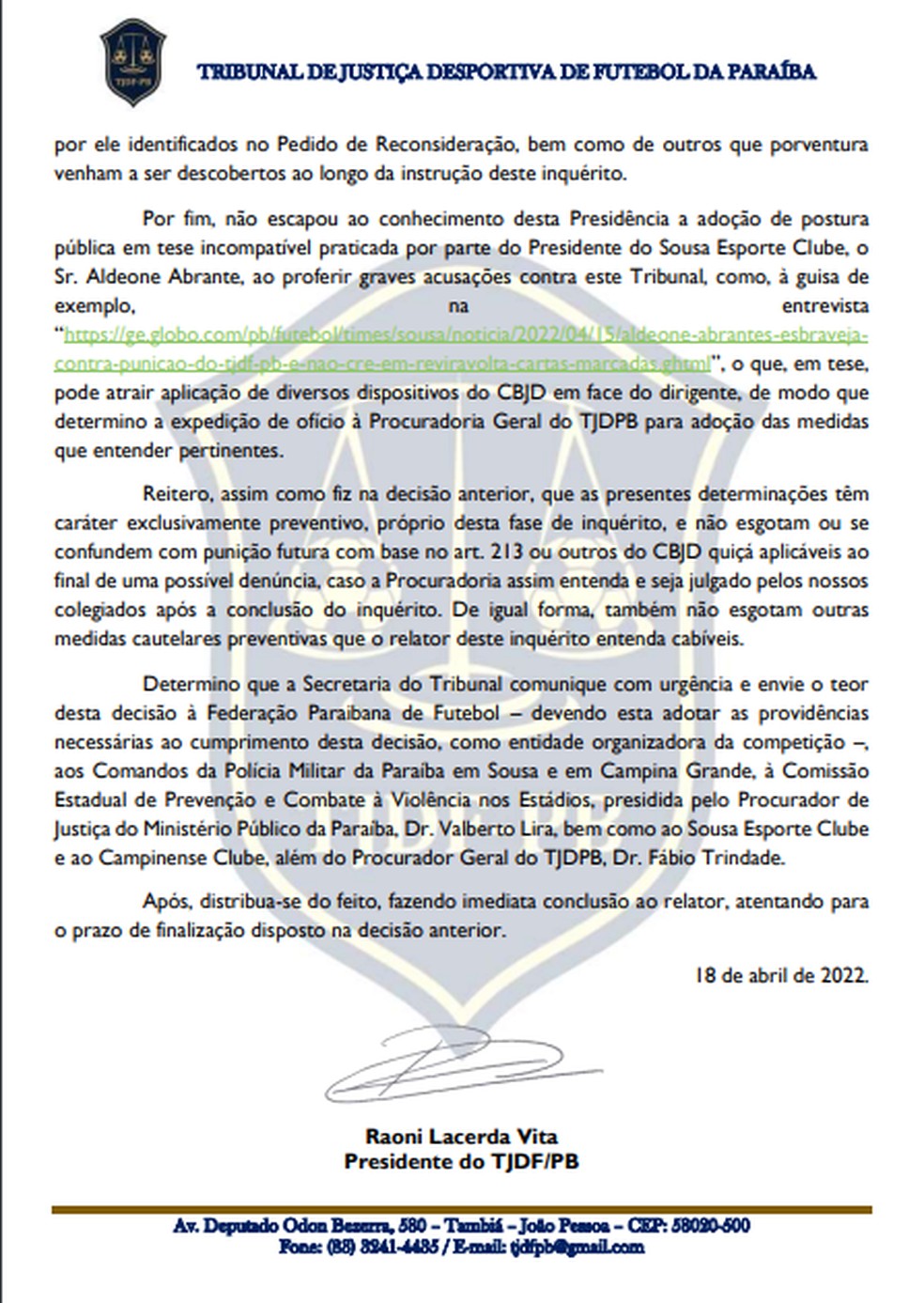 Decisão na íntegra do Tribunal de Justiça Desportiva de Futebol da Paraíba — Foto: Divulgação / TJDF-PB