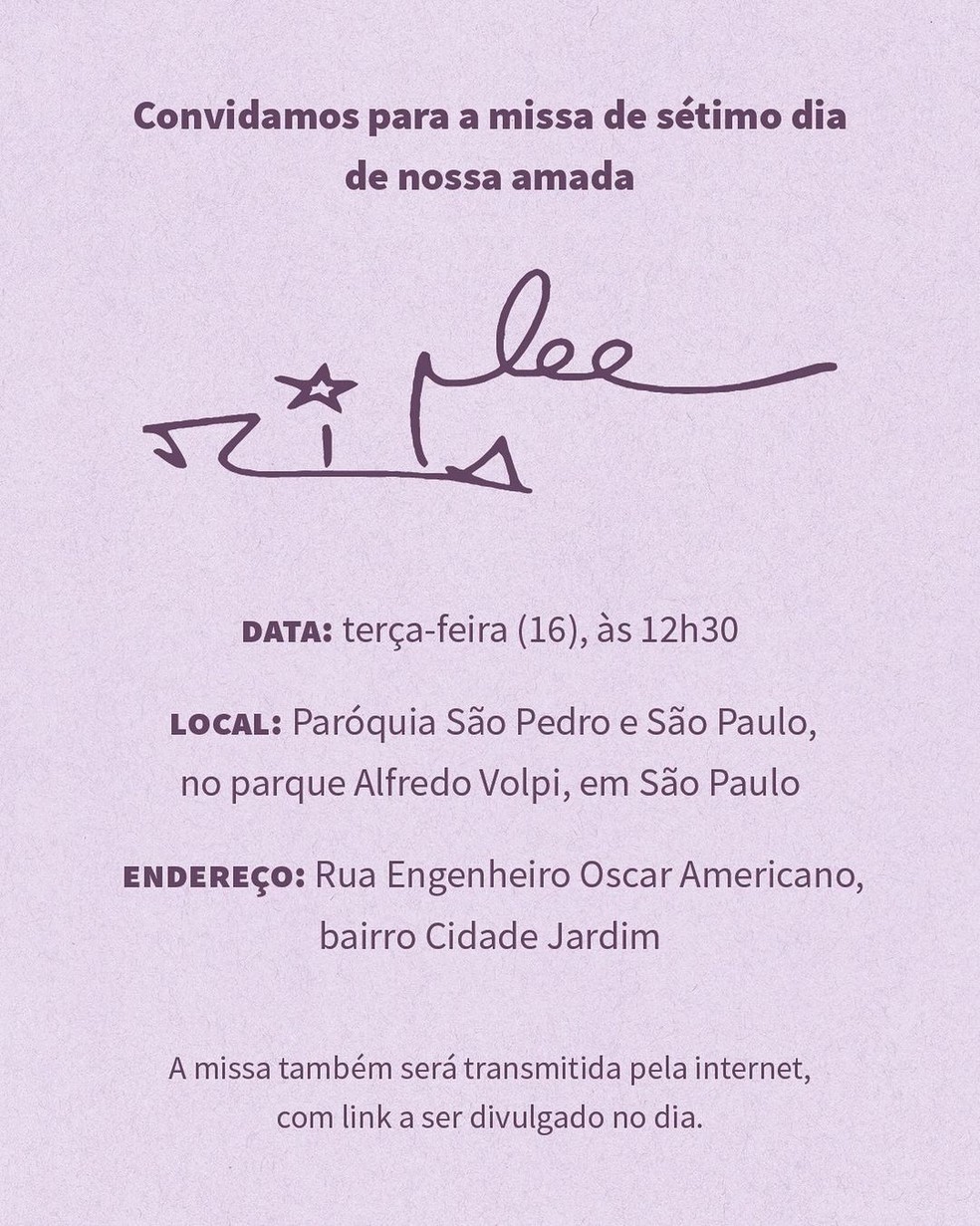 Detalhes da Missa de Sétimo Dia de Rita Lee — Foto: Reprodução Instagram