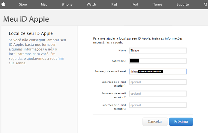 ? necess?rio fornecer alguns dados para relembrar seu ID Apple (Foto: Reprodu??o/Thiago Barros)