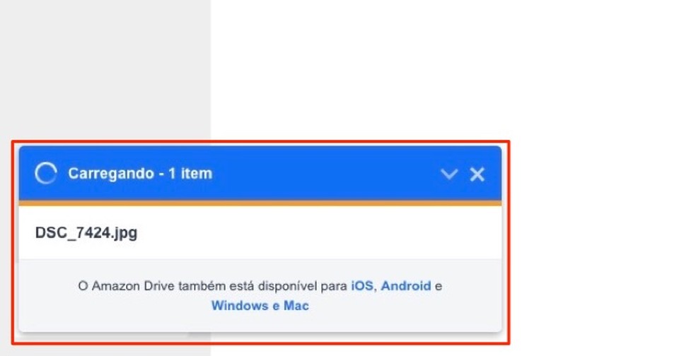 Informações sobre um upload de arquivo em andamento no serviço online Amazon Drive — Foto: Reprodução/Marvin Costa