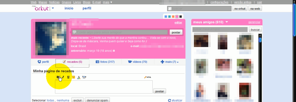 Novo Orkut permitia mudar a cor e o tema do perfil — Foto: Reprodução/YouTube 