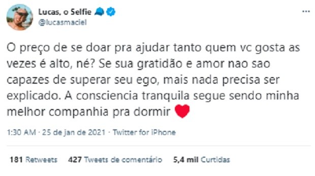 Lucas Selfie faz post em rede social após fim com Raíssa Barbosa (Foto: Reprodução/Twitter)