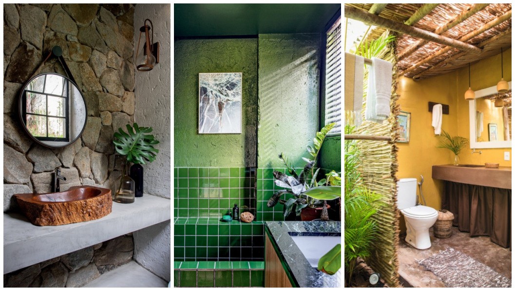 Pedras, tons de verde e muita madeira garantem rusticidade em banheiros diversos  (Foto: Victor Affaro; Fran Parente; Lufe Gomes / Divulgação | Montagem: Casa e Jardim)