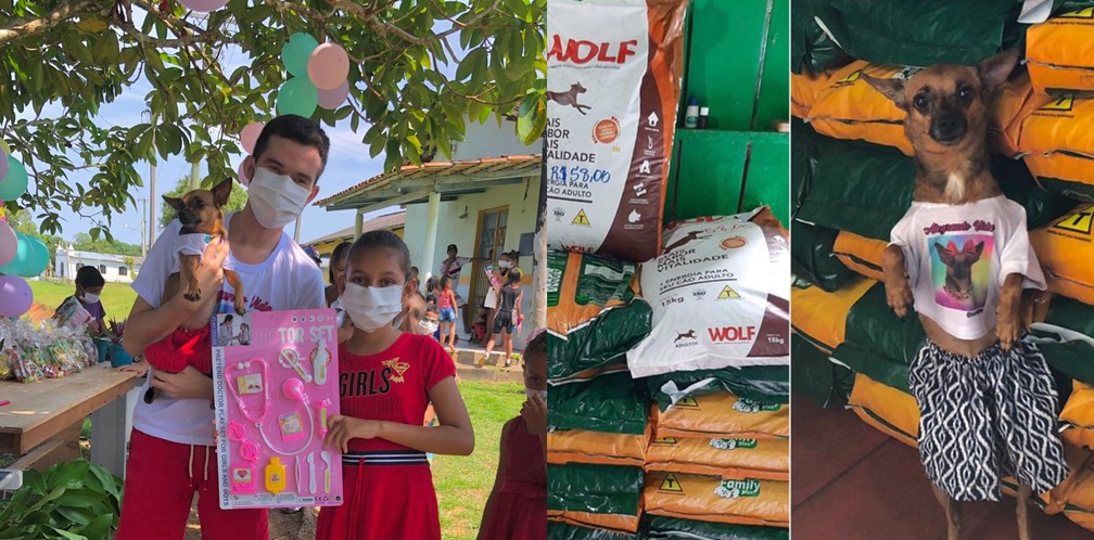 Além de doar cestas básicas, dog influencer também doou brinquedos e rações para animais em situação de rua — Foto: Arquivo pessoal
