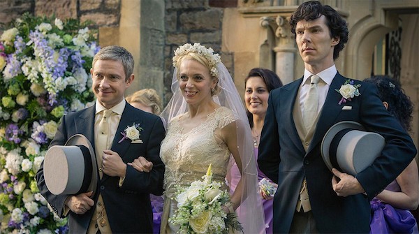 Martin Freeman, Amanda Abbington e Benedict Cumberbatch em cena de 'Sherlock' (Foto: Reprodução)