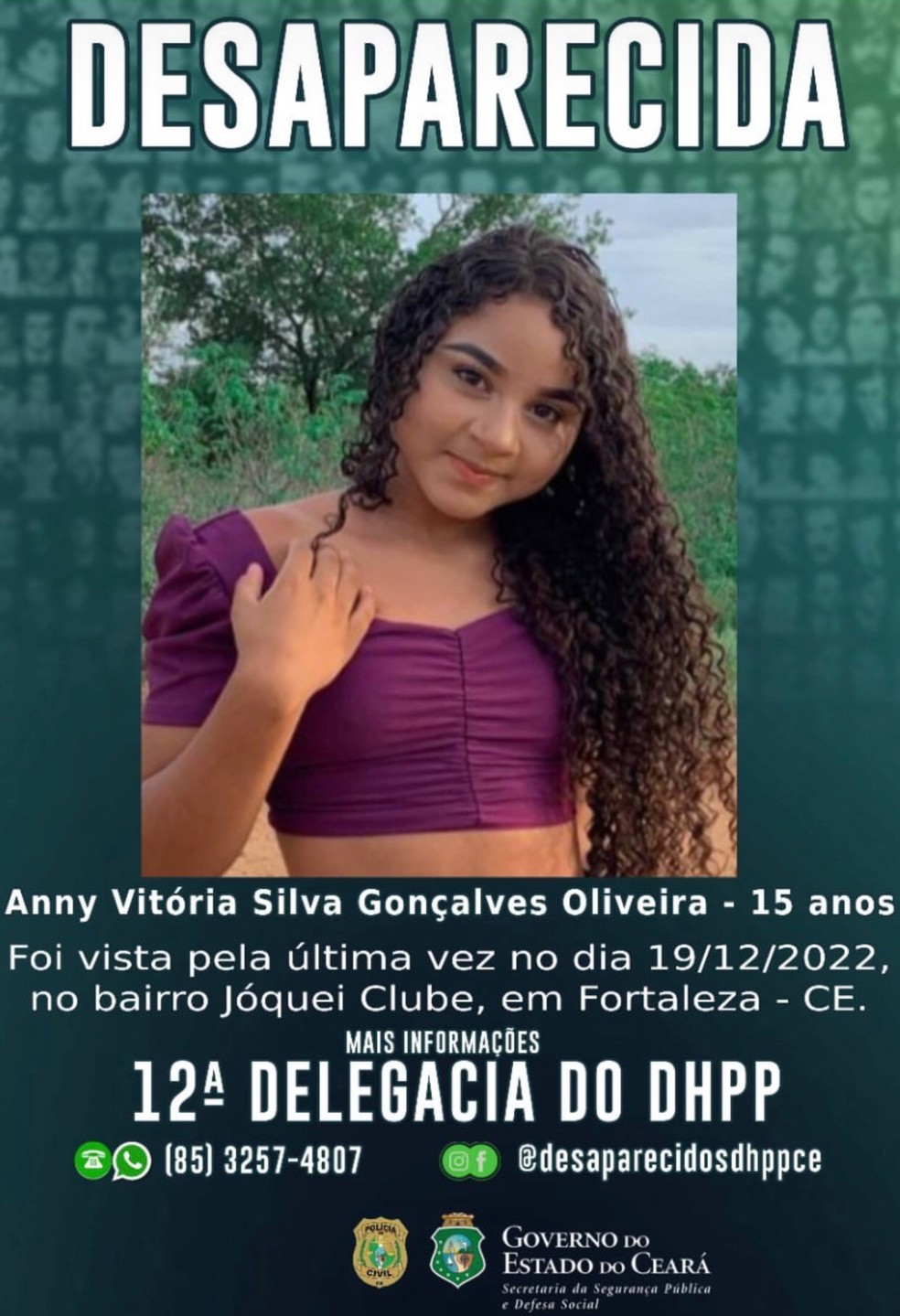 Polícia investiga desaparecimento de cantora de 15 anos em Fortaleza — Foto: SSPDS/Divulgação