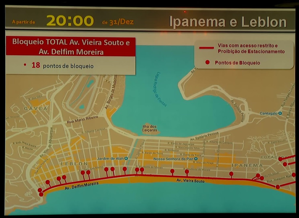 Bloqueio da orla de Ipanema e Leblon para o réveillon do Rio — Foto: Reprodução